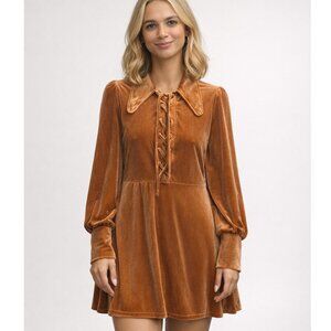 CIDER Retro Lace Up Ruched Collared Velvety Velour Copper Mini Dress, Size XL